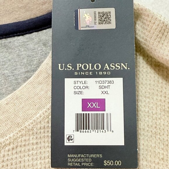 U.S. Polo Assn Men's Pullover Long Sleeve Sand Heather Henley Shirt Size XXL NWT - Picture 6 of 9